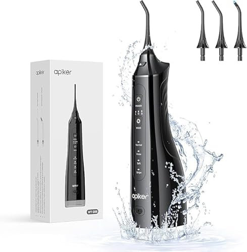 Apiker Munddusche, kabelloser elektrischer Wasser Flosser mit 3 Düsen, 4 Reinigungsmodi für Mundpflege, Zahnreiniger IPX7 Wasserdicht, 310ML Wassertank, schwarz