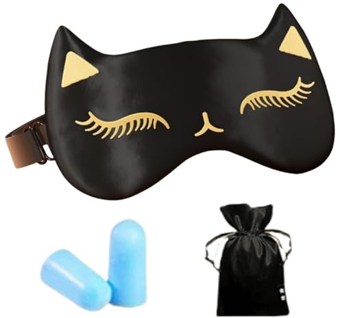 HSTWODE schlafmaske,eismaske,schlafmaske herren,schlafmaske frauen,Cat Shape Ice Silk Eye Mask, Augenschutz, weiche Schlafmaske für Yoga und Reisen (Schwarz)