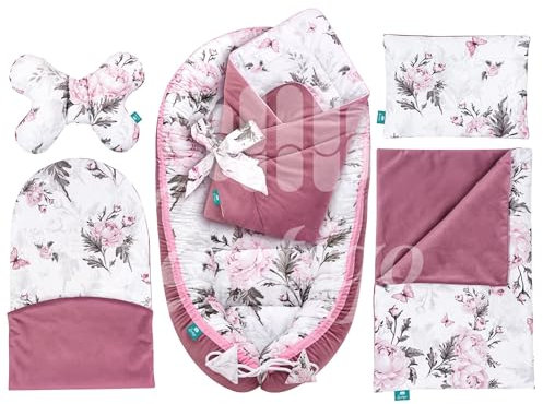 Lantigo Set für Neugeborene 6-teiliges Babynest Baumwolle mit Samt Baby Nestchen 95×55 cm inkl. Baby Kissen, Babydecke, Babyhörnchen, Erstausstattung Neugeborene Pink Flowers Pink
