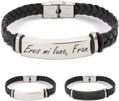 ibera gifts - Pulsera Hombre Personalizada en Acero Inoxidable, Pulseras Personalizadas con Nombre, Ajustable a Cualquier Muñeca, Pulsera Personalizada Mujer (Negro - Plateada)