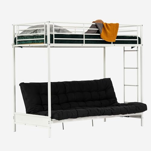 MEUBLE COSY Hochbett 140x190cm Kinderbett mit Futon Matratze Bettrahmen Etagenbett mit Lattenroste und Klappbares Schlafsofa aus Metall, Industriell, für Erwachsene und Kinder, Weiß