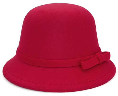 WULIQIUQIU Filzhut für Damen, Schleife, Fedora, Fischerhut, 1920er-Jahre, Vintage-Mütze, rot, Einheitsgröße