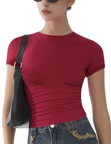 Womens Basic Short Sleeve Slim Fit T Shirts Soft Crewneck Crop Y2k Tees Summer Stretchy Cute Tops