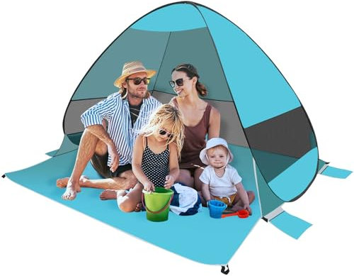 Pop Up Strandzelt für 3–4 Personen, UPF 50 + UV Schutz Strandmuschel, Automatisches Tragbarer Strandzelt Wurfzelt, Windschutz Strand Familienzelt für Strand, Camping, Angeln