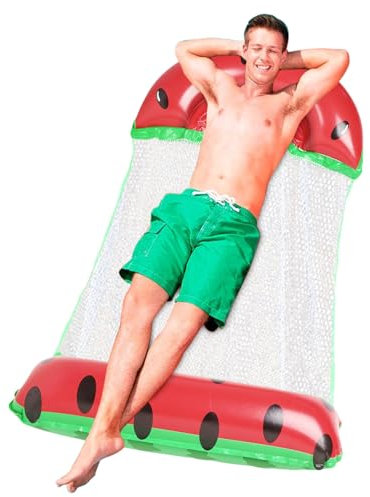 Inflatable Pool Floats, Adult Water Hammock Lounger, 4-In-1 Pool Chair with Pump, Floating Watermelon Drifter, Swimming Float for Beach, Lake, Sunbathing, 125x66cm Red