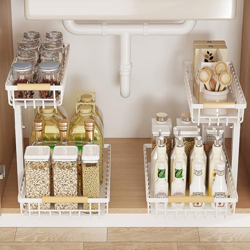 JOUING 2 Paquete Almacenaje Bajo Fregadero de Metal Organizador Cocina 2 Niveles con Mango de Madera Cajones Extraible Altura Regulable Estante de Almacenamiento para Cocina, Baño (Blanco, 2 unidades)