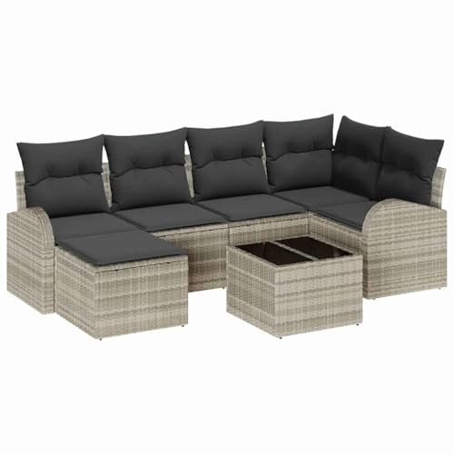 vidaXL Garten-Sofa-Set mit Kissen 7 pcs Hellgrau Poly Rattan, Garten und Terrasse, modernes verstellbares Sofa-Set, Outdoor-Sitzgruppe, langlebig, UV-beständiges Möbel