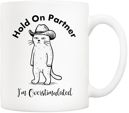 5Aup Funny Gen Z Sheriff Whiskers Cowboy Cat Mug – 11oz Coffee Cup Gift with 'Oh Partner, I'm Overstimulated' Slogan – Office Humor Ideal for Cat Lovers & Mental Health Advocates