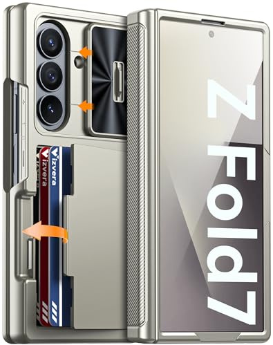 Vizvera for Samsung Galaxy Z Fold 7 Case With RFID Card Holder, HD Tempered Glass Screen Protector, Slide Camera Cover, Hinge Protection, Anti-Scratch Shockproof Wallet Z Fold 7 Phone Case,Titanium
