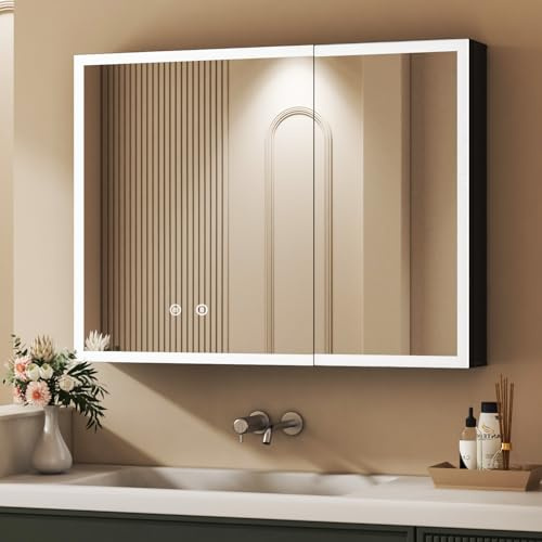 HY-RWML Spiegelschrank 60 x 80 x 13,5 cm Badezimmerschrank mit LED Beleuchtung Badezimmer Spiegelschrank mit Verstellbaren Ablagen und Touchschalter,Beschlagfrei,3 Farbtemperatur Dimmbare