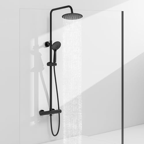 Sky Bathroom Thermostatic Shower Mixer Set | 8 Rainfall Shower & 3-Mode Handheld Head | Wall Mounted Bar Mixer Shower System | Stainless Steel Adjustable Sliding Riser Rail Matte Black