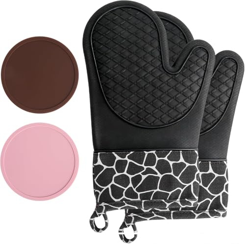 Silicone Gants de Cuisine, Gants de Barbecue Résistant à Chaleur 1 Paire et 2 Maniques, Parfait pour Grill BBQ Cuisine Four de Cuisson