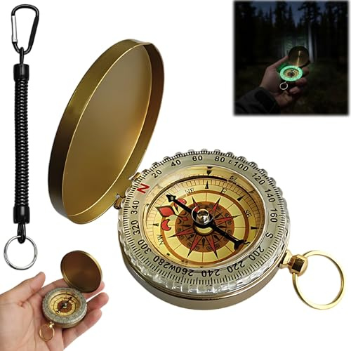 Kompass Outdoor mit Schwarzer Schlaufe, Goldener Kompass mit Fluoreszenz, Einfach zu Bedienen Tragbarer Kompas für Camping Wandern Navigation