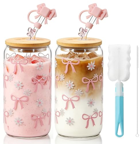 Ferenando 2 Stück Trinkglas mit Strohhalm und Deckel, 500ml Schleifen Glas | Sachen mit Schleifen, Matcha Gläser, Iced Coffee Cup, Borosilikatglas Glasbecher für Bubble Tea Latte, Aesthetic Clean Girl