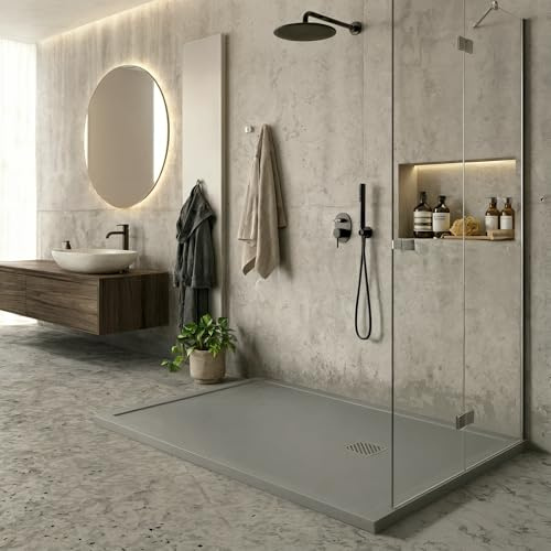 Imberdeck Receveur de Douche CANNES Collection Luminosité - Cadre Périmétrique, Résine Sans Silice, Grille Carrée, Texture Ardoise, Antidérapant (Béton Architectural (RAL 7037), 80x180 cm)