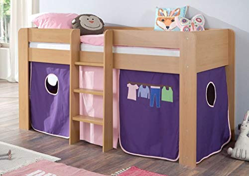 Froschkönig24 Hochbett ANDI 1 Kinderbett Spielbett halbhohes Bett Buche Stoffset Rosa/Violett