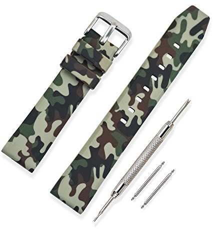 VINBAND Unisex Tarnung Wasserfest Gummi Uhrenarmband mit Gebürstete Edelstahl Silber Schnalle 22mm Grün