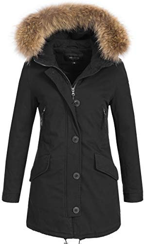 SOVENTUS FASHION Damen Echtfell Jacke Mantel Parka Winterjacke Mit Pelz Gr.M Schwarz