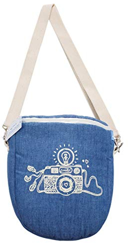Gepolsterte Kameratasche für Spiegelreflexkamera – Vintage-Design aus blauem Baumwollstoff mit Kamera-Print, Reißverschluss & Tragegurt – Fototasche 18x8x17 cm