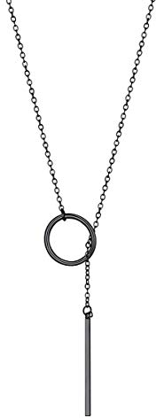FOCALOOK Damen Mädchen Modeschmuck lange Halskette in schwarz 73cm Lariat Kette mit Ring und Bar verstellbar einfach Geometrische Collier Y-Kette Accessoire für Valentinstag Jahrestag