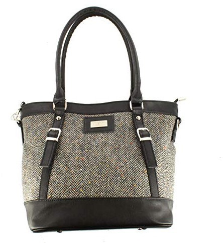 Mucros Weavers Handtasche aus Merino Wolle Tweed und PU-Leder hergestellt in Irland, Kelly Style (Graues Fischgrätenmuster)