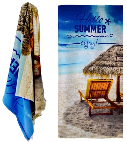 GEEZY Microfibre Beach Towel, Hello Summer Design - Quick Drying, Lightweight, Sand-Free, Large & Durable, Summer Design - Beach Essential for Travel, Holiday, Swimming, Sauna, Adults & Kids, 70x140cm