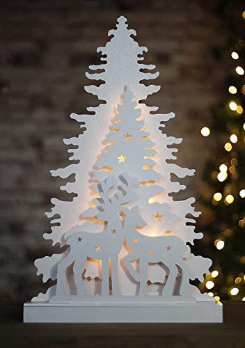 Garden Mile HomeZone White Wooden Reindeer Light-Up Christmas Ornament Xmas Tree Decoration Festive Table Centerpiece LED Lights Pre-Lit Rustic Battery Operated