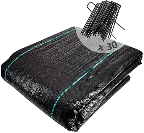 VOUNOT Malla Antihierbas con 30 Clavijas de jardín, Tela Geotextil para Control de Maleza, 2 m x 10 m, 100 g/m2, Resistente a la Rotura y Estabilizada contra UV