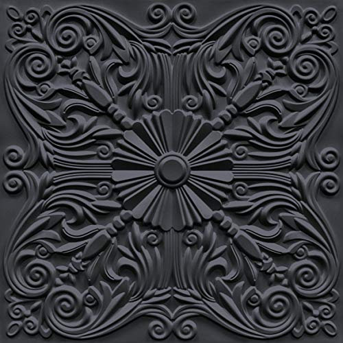 Art3d Decorative Ceiling Tile 2x2 Glue up, Lay in Ceiling Tile 24x24 Pack of 12pcs Spanish Floral in Black