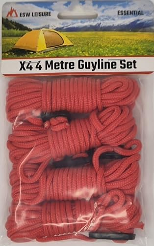 ESW LEISURE Guyline Ropes 4 Pack For Tents Awning Camping Strong Lightweight Paracord Guy Rope With Tensioner Guy Lines Fishing Umbrella Shelter Bivvy Caravan Gazebo Tarp (Red, 4 Metre XL 4 Pack)