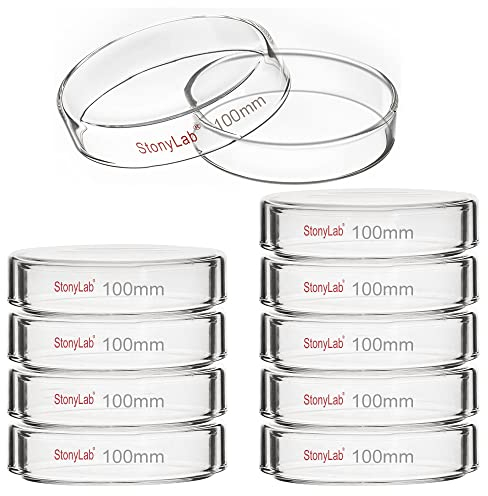 Stonylab 10pz Piastre Petri Vetro, 100x20 mm Piastre per Colture Cellulari in Vetro Borosilicato Autoclavabili Piastre Petri con Coperchio Trasparente per Laboratorio