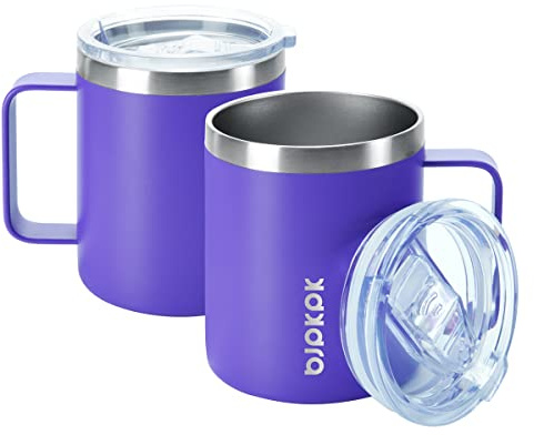 BJPKPK 2PCS Insulated Coffee Mug with Lid, 410 ml Stainless Steel Tumbler | Travel Coffee Mug with Handle, Vacuum Insulated Tumbler Cup for Camping, Office, Home, BPA Free Lid, Hot & Cold