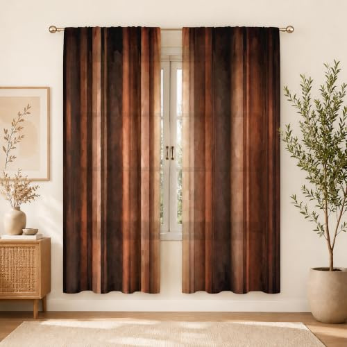 MESHELLY Braune Vorhänge, 132 x 213 cm (B x H), Stangentasche, Western-Stil, Vintage-Stil, Bauernhaus, rostiges Orange, Schlafzimmer, Dekoration, rustikal, Kupferstreifen, Hellbraun, Bronze, modern,