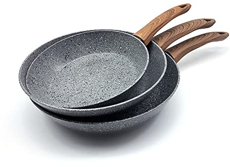 KITCHEN MOVE ONYX Bratpfannen-Set, 3-teilig, Induktion, Antihaftbeschichtung, Aluminium, Ø 20/24/28 cm, Griff in Holzoptik, Steinbeschichtung, 5-lagig, 3-teilig