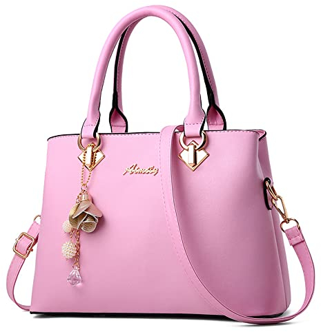 DORRISO Borsa Donna Borsa a Mano Regolabile Borsa a Tracolla Borsa Messenger Campane Appese Ornamenti di Moda Viaggiare Comoda PU Pelle Donna Tote Borse Rosa