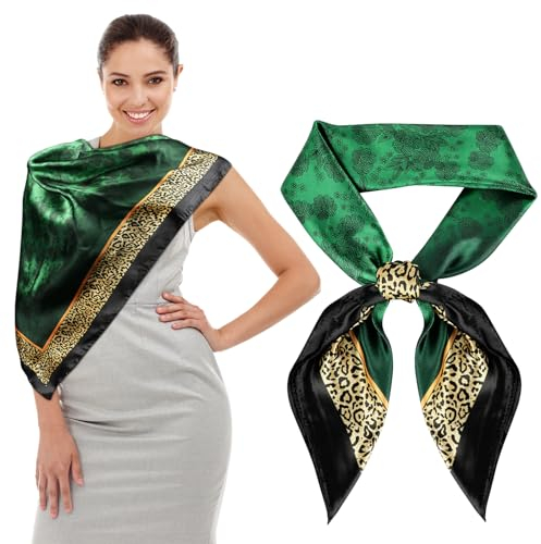 URAQT Bandana Damen, Große quadratische Fleckschals, Kopftuch Vierecktuch Satin, Haarschal Halstuc Frauen, 90x90cm (Dunkelgrün)