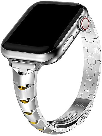 Fullmosa Kompatibel mit Apple Watch Armband 45mm 44mm 46mm 42mm für Damen Frauen, Schlankes Metall Armband Slim Edelstahlarmband für iWatch SE Serie 10 9 8 7 6 5 4 3 2 1, Silber mit Gold