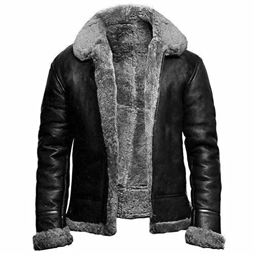 NLAVW Herren Flying Winter Jacket,Shearling Lederjacke Bomber Warm Filling Biker Motorrad Pelz Mantel Jacke,Grau,XL