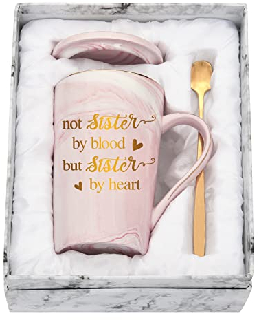 Joymaking Coffee Mug Gift Best Friend Birthday Gifts, Personalised Coffee Mug Gift for Friend - Not Sisters by Blood But Sister by Heart - Best Friends Gift 400ml Pink