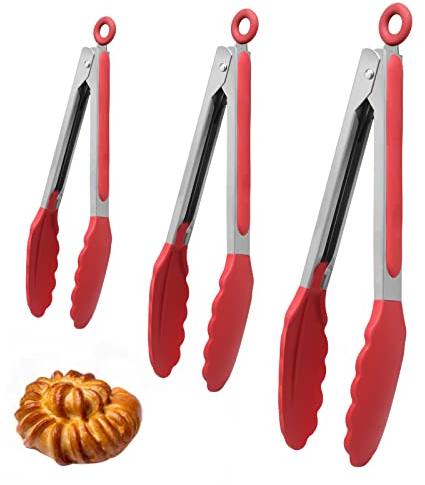 AMJKEJI Pinzas de Cocina, Pinzas de Cocina de Acero Inoxidable con Puntas de Silicona, Juego de Pinzas para Barbacoa, Pan, Pasteles, 21cm, 27cm, 34cm, Rojo