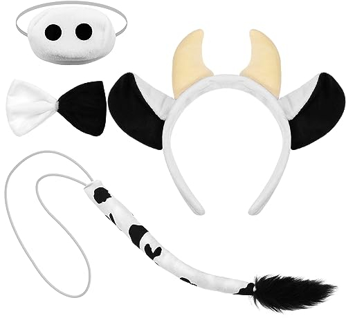 XEPST Conjunto de Disfraces de Vaca Animal, Diadema con Orejas de Vaca Pajarita Cola de Vaca para Disfraz de Animal Cosplay Fiesta de Cumpleaños Halloween Disfraces Suministros para Fiestas, Vaca-B