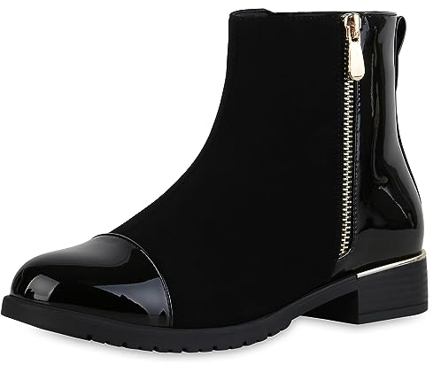 VAN HILL Damen Klassische Stiefeletten Blockabsatz Zipper Trendy Schuhe 840501 212985 Schwarz Lack 36