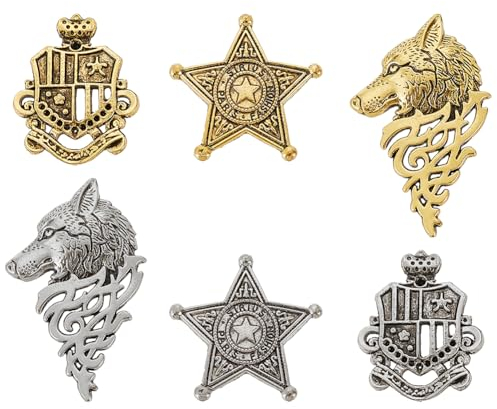 FINGERINSPIRE 6 Style Broches en Alliage Tête de Loup Thème Sirius Rétro Broche de Poitrine Broche Étoile en Métal Argent Doré Bouclier Forme Broche Vintage Épinglettes pour Costume Cadeau pour Hommes