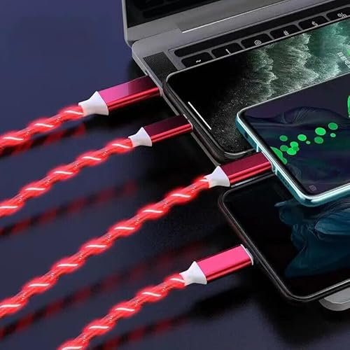 Gifts 4 Guys Multi Charger 3 in 1 Multiple Charging led Coloured illuminated Flashing Cable Nylon Braided Micro USB Type C Port Lead Cord Compatible Universal Connector (Red)