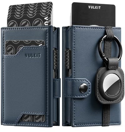 VULKIT Portafoglio Uomo Porta Carte di Credito Schermato RFID con Scomparto Banconote e Finestra ID e Portachiavi Rimovibile Compatibile con AirTag, Napa Blu