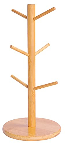 Porte-tasses en bambou, porte-gobelets en bois, porte-tasses en bois, arbre à café, support de tasse à café en bambou avec 6 crochets et base lestée, porte-gobelets, arbre de plan de travail pour