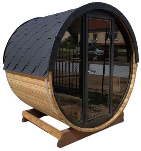 Tonneau Sauna d'extérieur en kit chaudière électrique COMPRISE, grand vitrage panoramique, bois thermo- traité, 2 à 4 personnes 1,60m x diam 1,96m / hauteur 2,15m shingle noir