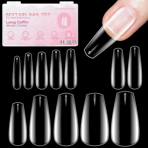 LLBA Soft Gel Nail Tips - 360Pcs Soft Gel Nail Extension Tips, 12 Sizes Clear Full Cover Fake Nails for Nail Extension, Long-Lasting Salon Quality, Natural Look & Comfortable Wear (Coffin, Long)