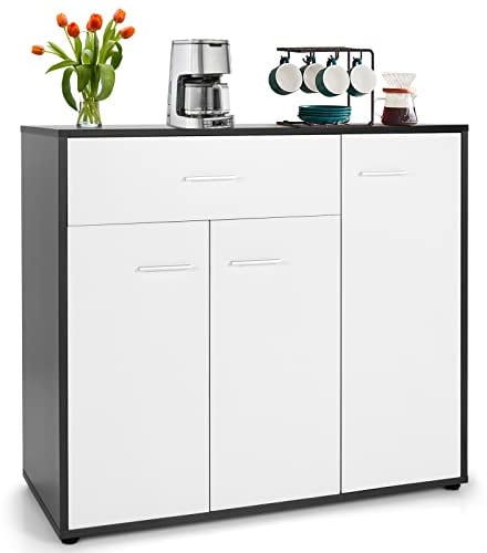 KOMFOTTEU Buffet avec 1 Troir & 3 Portes, Meuble Bas de Cuisine, Étagère réglable, Dispositifs Anti-basculement, Armoire de Rangement avec Pieds antidérapants, Blanc & Gris (88 x 40 x 80 cm)