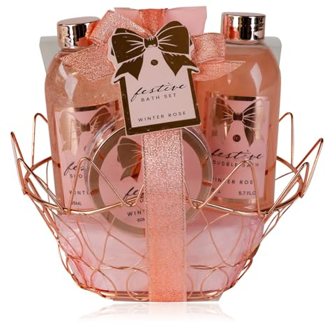 Accentra Kit de douche Festive pour femme dans un joli panier métallique rose – Kit de soin 4 pièces avec gel douche, lotion pour le corps, bain moussant et gommage pour le corps – Coffret cadeau